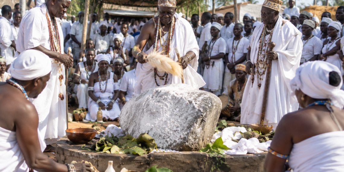 Togo : la pierre sacrée de Glidji est apparue blanche lors d’Epe-Ekpe. Les prêtres y voient un signe de paix et de prospérité. Découvrez pourquoi.